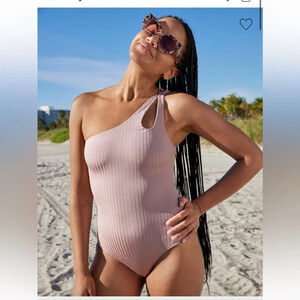 rose gold Aerie ribbed shine asymmetrical one piece swimsuit size medium